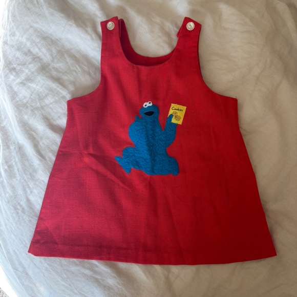Sesame Street Other - Vintage Toddler Red Overall Sesame Street Cookie Monster Appliqué Dress